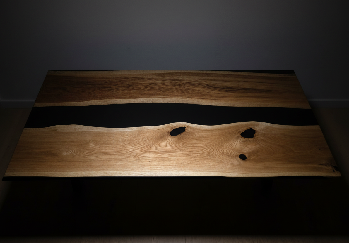 STRØM river coffee table with dark epoxy resin and live edge oak on black steel legs in modern living room
