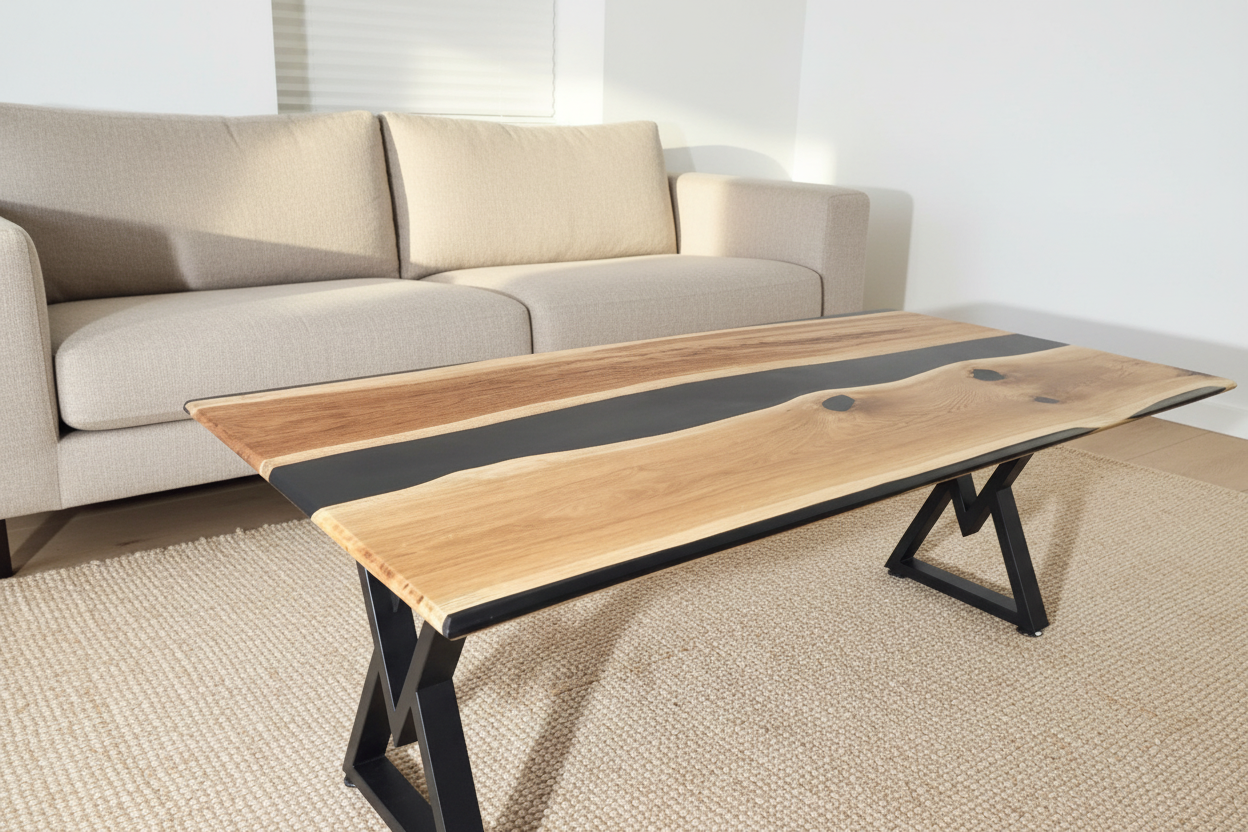 STRØM river coffee table with dark epoxy resin and live edge oak on black steel legs in modern living room